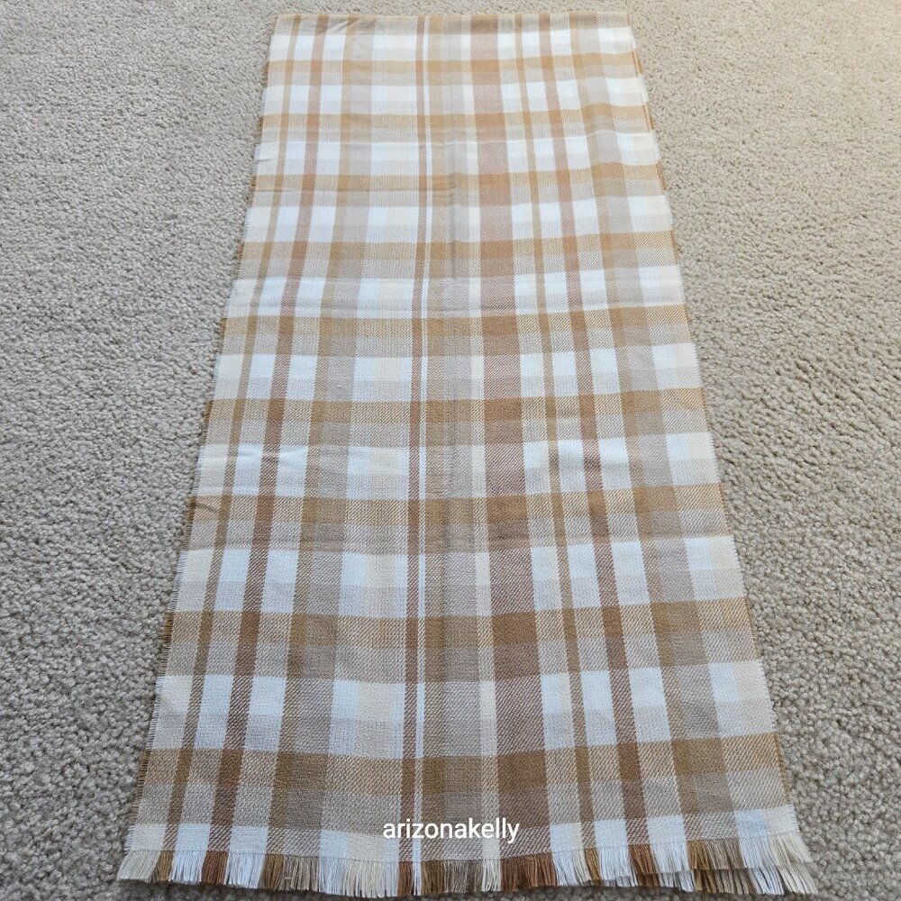 NWOT Lands' End Cashtouch Plaid Scarf Tan White - Picture 2 of 7